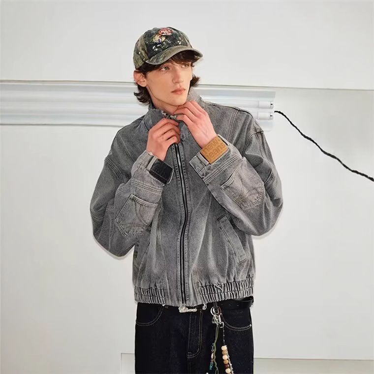 Spring and Autumn American Style New Element Reversible Gray Denim Jacket Men's Fashion Heavy Industry Trend Brand Workwear Zipper Coat Men