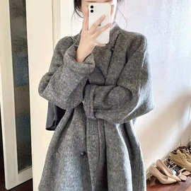 富家千金灰色双面呢子大衣女秋冬小个子感慵懒风斗篷毛呢外套