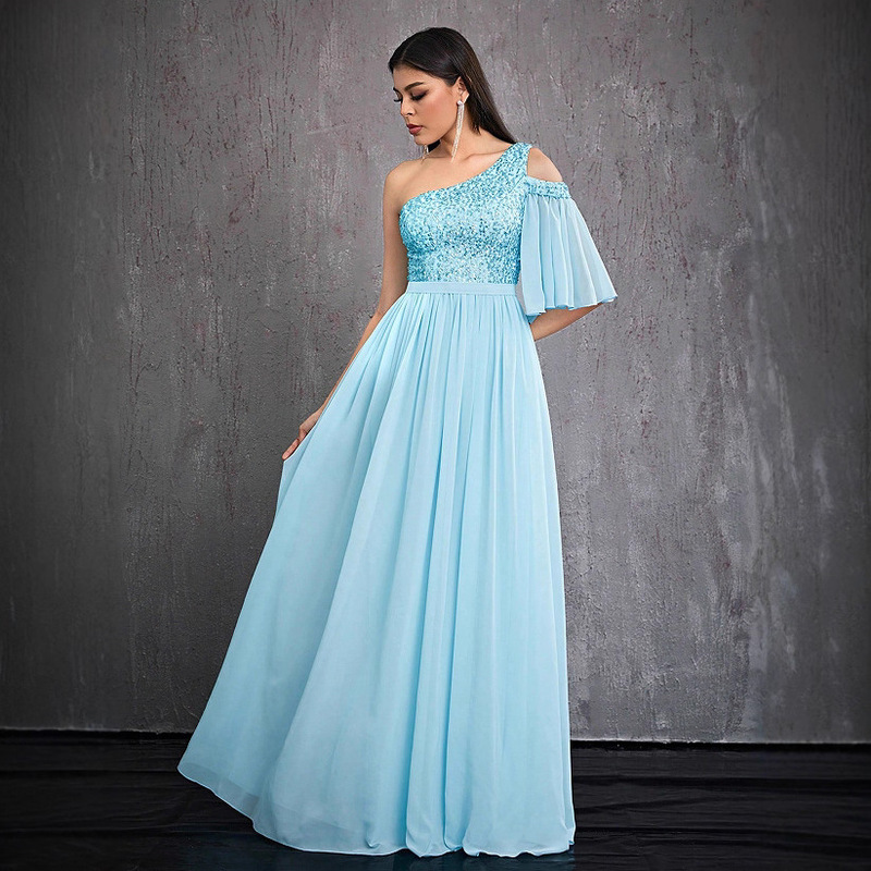 European and American One-Shoulder Women's Dinner Party Backless Mesh High-End Slim Solid Color Elegant Banquet Evening Dress Long Skirt