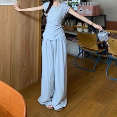 気質スーツ無地カジュアルウェア女性のスリムウエストノースリーブシャツトップハイウエストワイドレッグパンツ 2 点セット