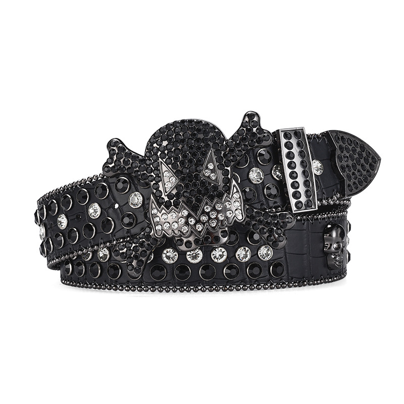 Europeo y americano oscuro cráneo hebilla rhinestone incrustado cinturón de alta gama completo diamante lentejuelas hip hop decorativo discoteca cinturón hombres y mujeres