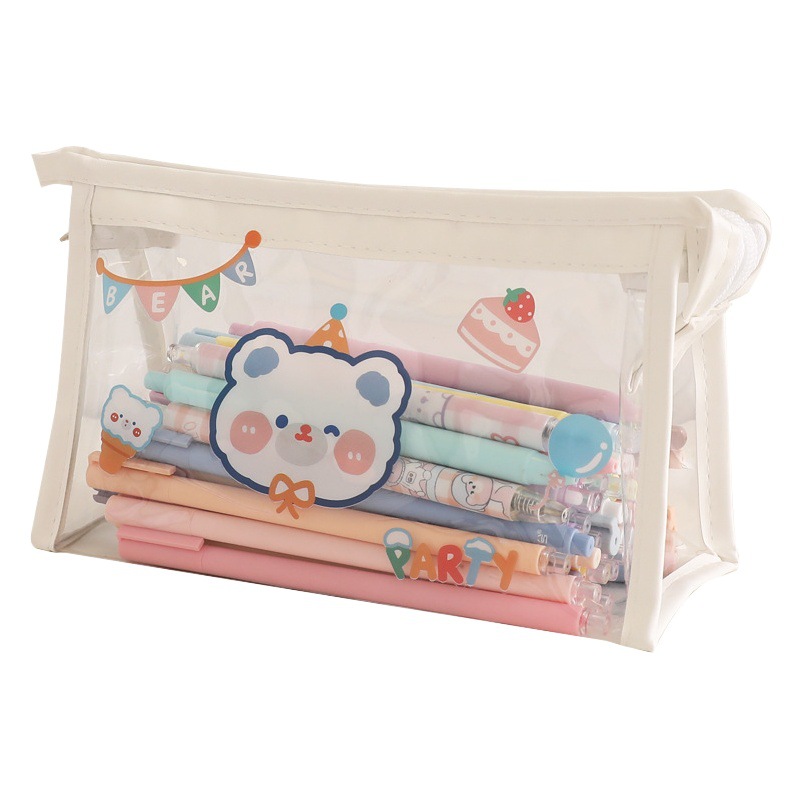 Caja de lápiz transparente de dibujos animados de gran capacidad de las mujeres simple de alto aspecto estudiante de la escuela secundaria triángulo japonés bolsa de cosméticos