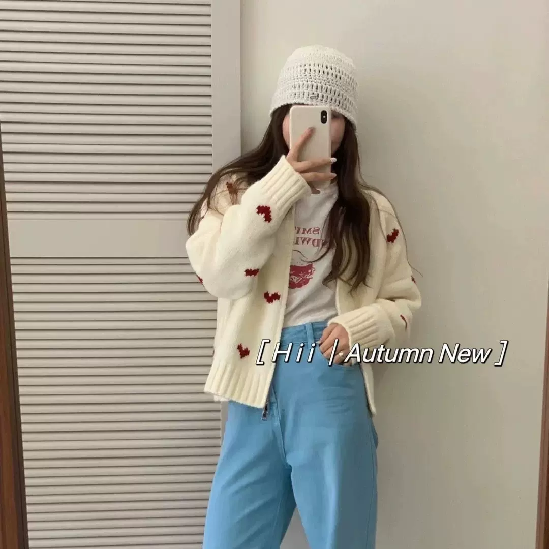 韩系2025秋冬新款厚实拉链针织开衫女圆领爱心提花女式毛衣外套潮