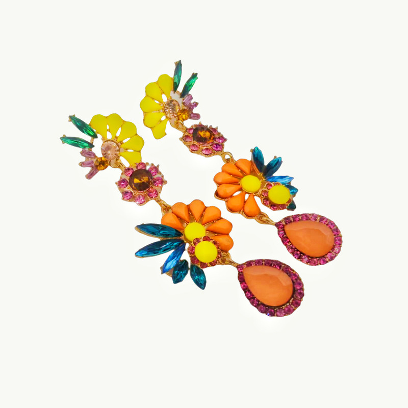 2024 European and American Personalized Fashion New Colorful European and American Style Diamond-Encrusted Women's Long Acrylic Earrings Flower Design