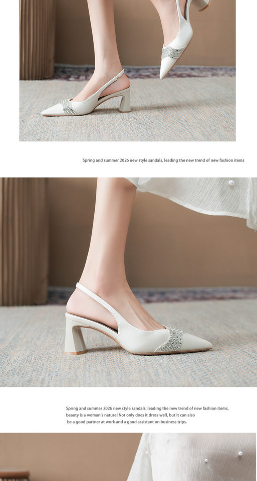 Sandal cao gót nữ mũi nhọn hở gót gót thô đính đá chất liệu satin, gót 6–8 cm — Màu trắng ngà, Vàng nhạt chi tiết 8