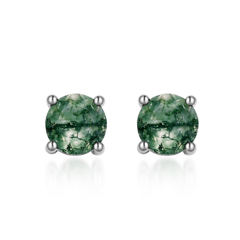 Pendientes redondos de ágata de hierba de agua natural especial transfronteriza S925 Pendientes de piedra de musgo verde con incrustaciones de plata simple y de moda