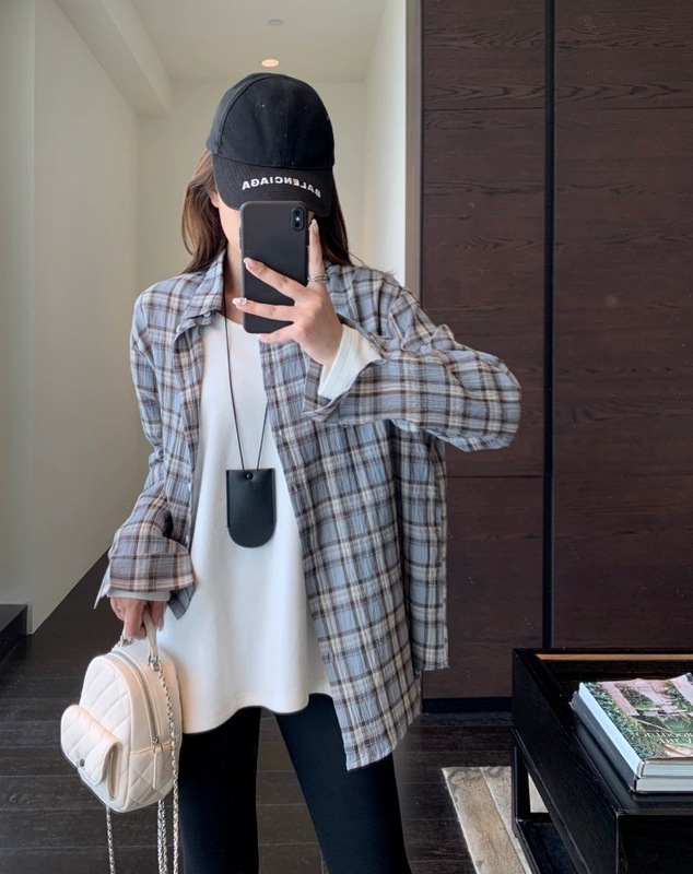 慵懒时髦oversize宽松藏肉显瘦格子衬衫薄款上衣女夏百搭休闲衬衣|undefined