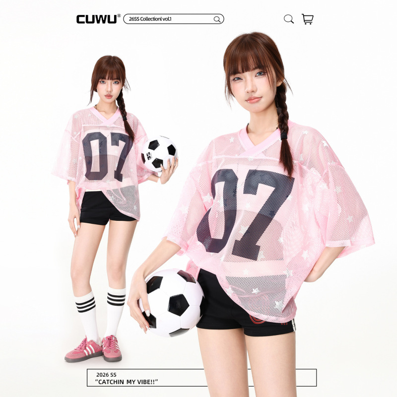 American Retro V-Neck Mesh Digital Print Jersey Short-Sleeved T-Shirt Women's Loose Sports Transparent Thin Base Layer Shirt