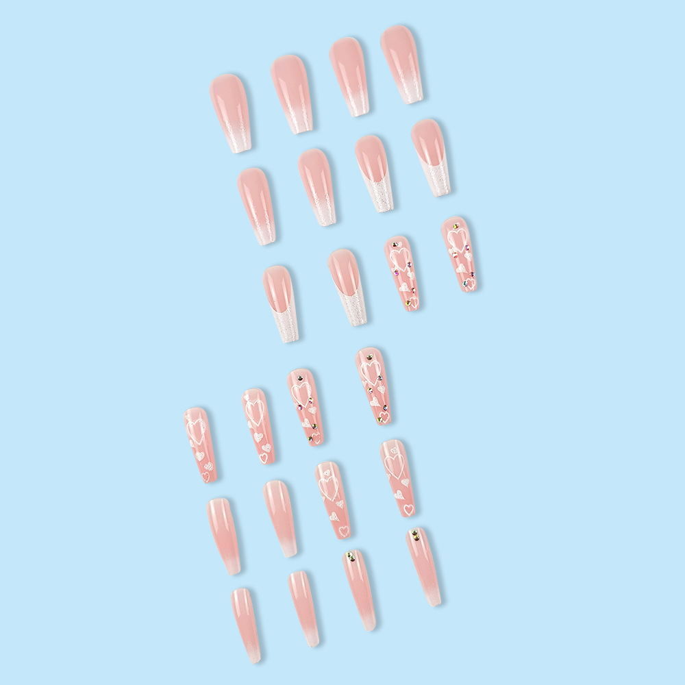 Transfronterizo venta de diamante rosa de amor de manicura dulce estilo francés para usar uñas 24 piezas de parche de uñas falsas