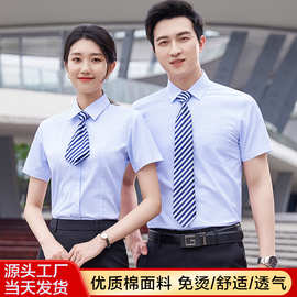 大码竖条纹衬衫女短袖简约高级感男女刺绣LOGO衬衣4S店销售工作服
