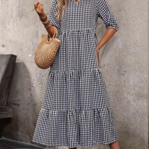 Women's European and American Style Semi-Sleeve Plaid Dress Supply European and American Style New Long Skirt