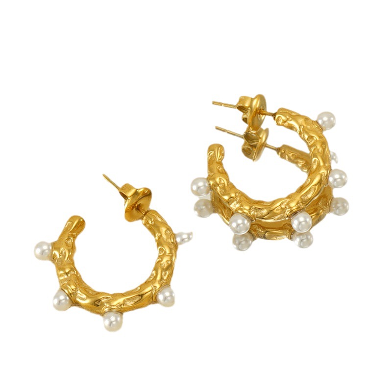 Cruz-frontera francesa moda nicho temperamento imitación perla pendientes niñas versátiles de lujo Pendientes chapados en oro pendientes de acero de titanio