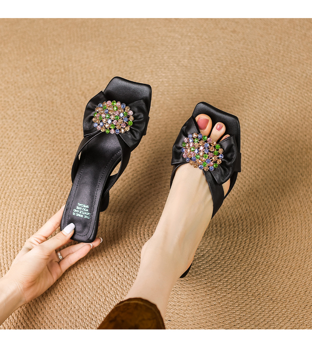 Sandal cao gót nữ hở mũi đính đá lấp lánh, gót 6 cm, mùa hè — đen chi tiết 9