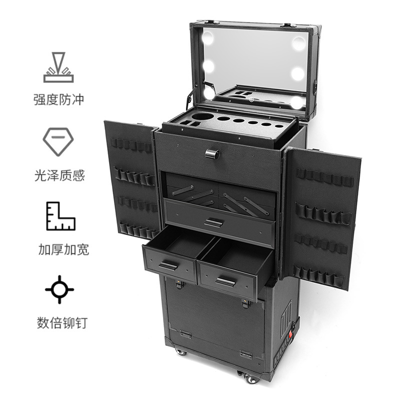 Venta en stock de barra de tracción caja de peluquería con ruedas de alta capacidad HD caja de maquillaje con ruedas universales móviles de negocios