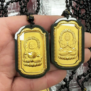 Gold inlaid jade Guanyin Buddha pendant natural Hetian jade ink jade pendant Yu Pei trembles fast hand live explosion generation