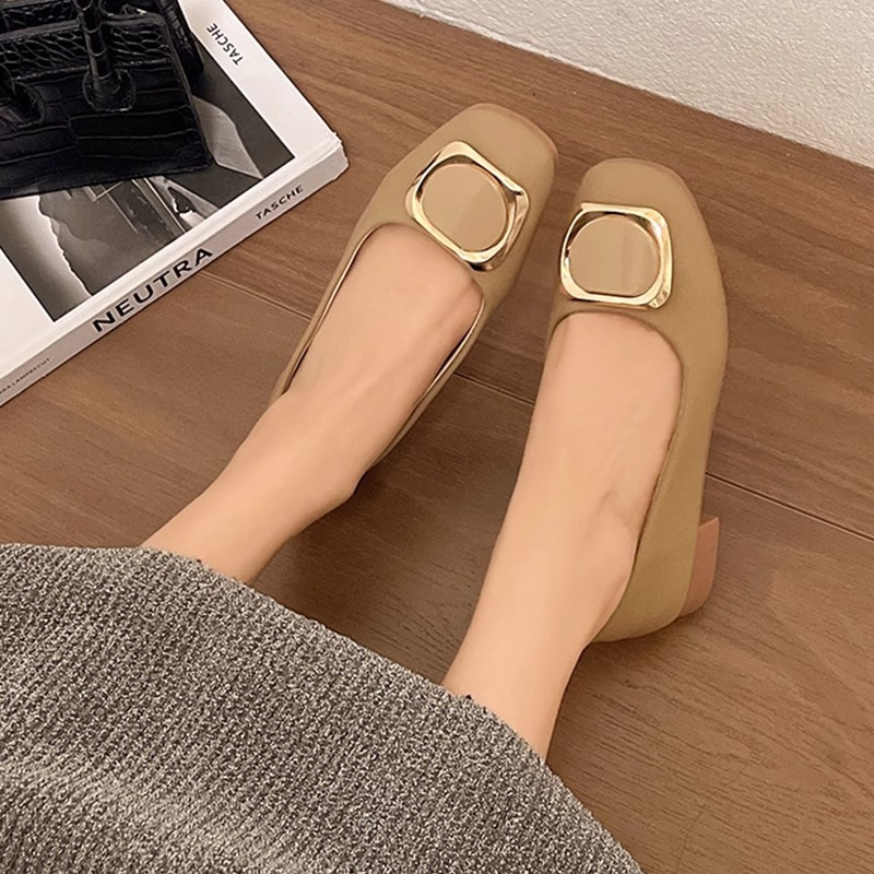 Thick-Heeled Flats for Women Summer 2025 New Style Shallow Mid-Heel Fashionable Scoop Shoes Gentle Evening Shoes Milk Shoes Showing Small Feet