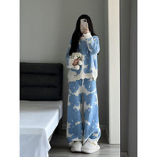 拼色毛绒针织睡衣女冬季新款加绒加厚半边绒家居服大码套装可外穿