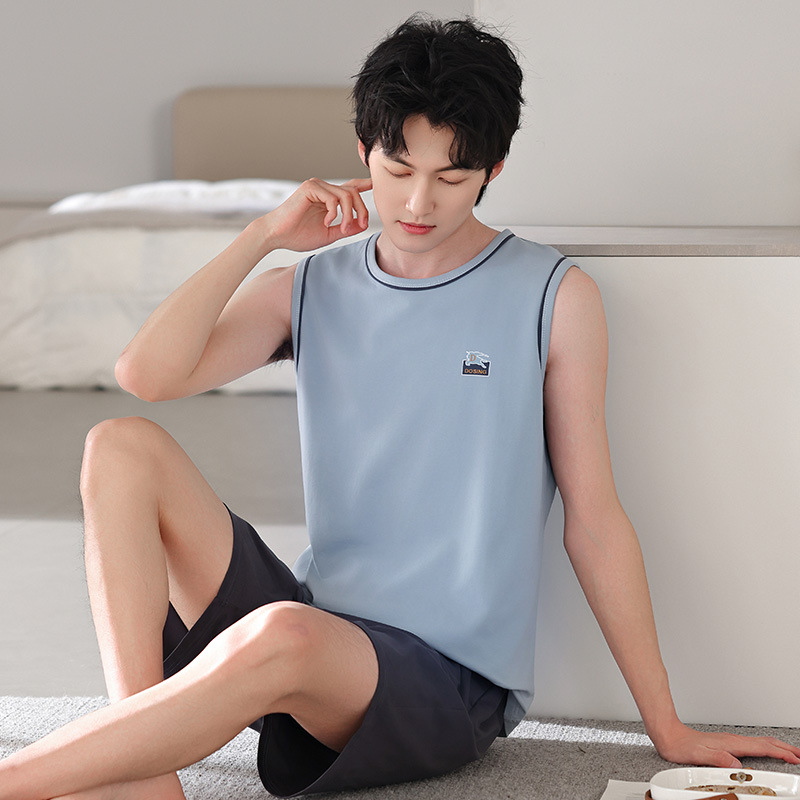 Pijama de hombre de verano modelo chaleco sin mangas delgado ropa casera casera papá suelta tamaño grande se puede usar fuera