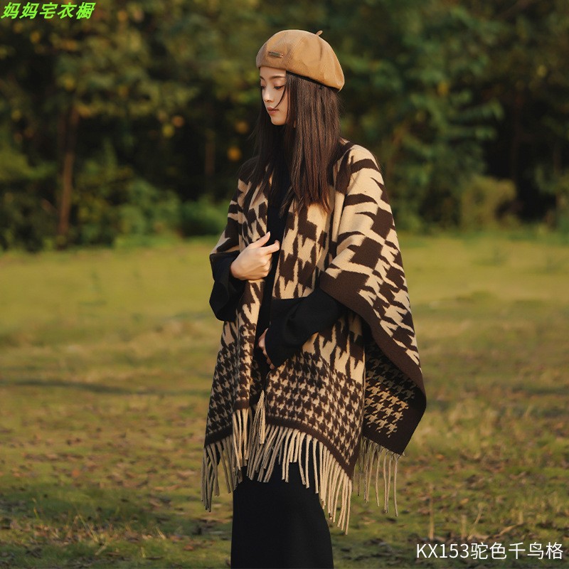 Chaqueta de abrigo de capas de bordas a cuadros franceses de otoño para mujeres con un pequeño chal de lana con una bufalla de abrigo grueso