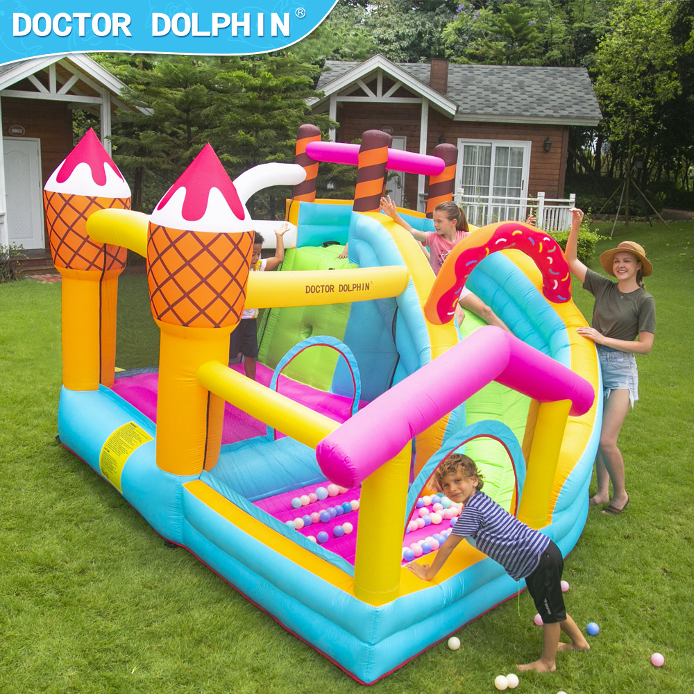 Castillo inflable Doctor Dolphin para niños, pequeño tobogán inflable y trampolín, muy vendido, para juegos en interiores y exteriores.