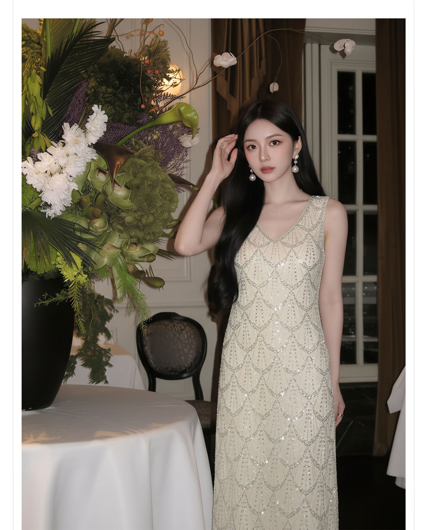 Đầm suông nữ midi tay lỡ phong cách cổ điển đính cườm — màu trắng ngà chi tiết 9