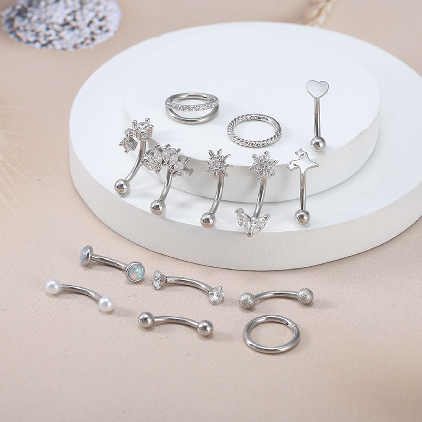 Inlaid Zircon Stainless Steel Eyebrow Barbell - Silver Opal Cartilage Stud for Ear Piercing detail image 5