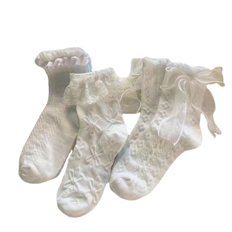Calcetines de encaje de arco blanco simple calcetines de media pantorrilla de mujer Calcetines de verano Delgado japonés dulce Lolita calcetines JK de encaje