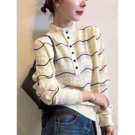 半开领设计感半高领长袖条纹蕾丝针织衫秋冬毛衣上衣欧根纱