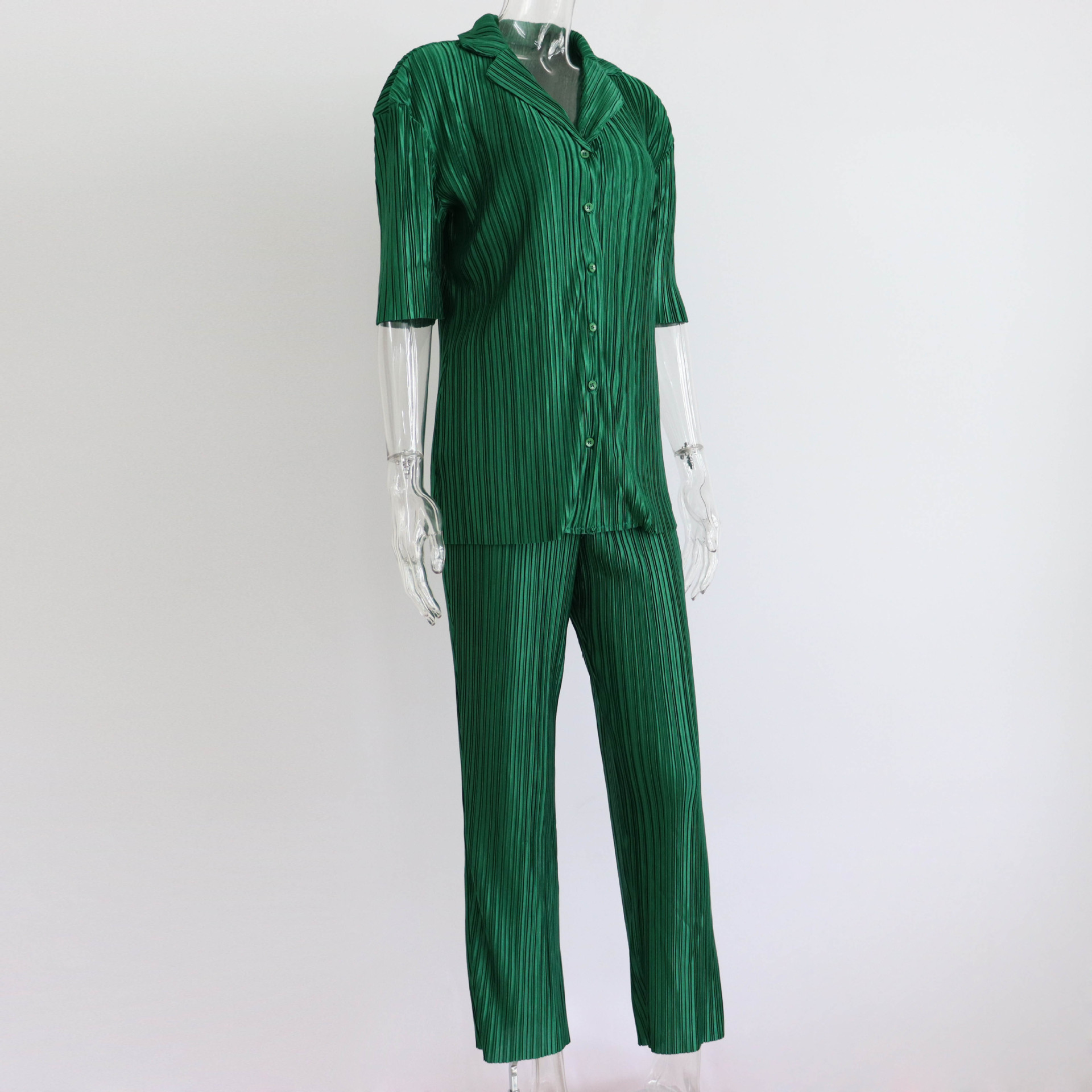Summer Short Sleeve Loose Pleated Straight Leg Pants Two-Piece Set Sexy Complex Set Collar Sexy Set