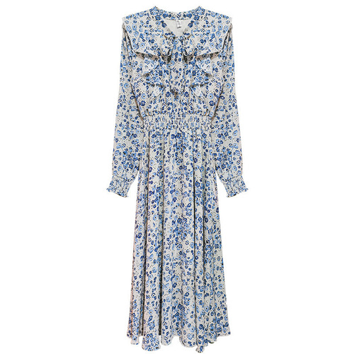 Light-colored floral Korean silk long dress, 2024 autumn new women's stylish and ethereal slimming French long dress