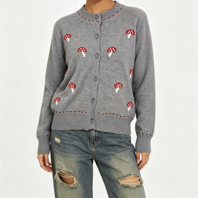 Korean-style mushroom embroidered cardigan for women, multi-color retro contrast trim, loose fit, slimming, gentle style knit top Korean-style mushroom embroidered cardigan for women, multi-color retro contrast trim, loose fit, slimming, gentle style knit top