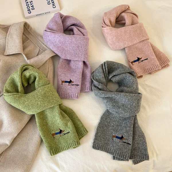 2024 New Style Wool-Containing Cute Puppy Embroidered Scarf for Men and Women Winter Soft and Waxy Warm Scarf Long Style for Students