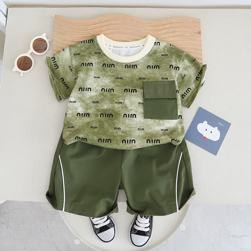 Ретро зеленый комплект с буквами, короткий рукав