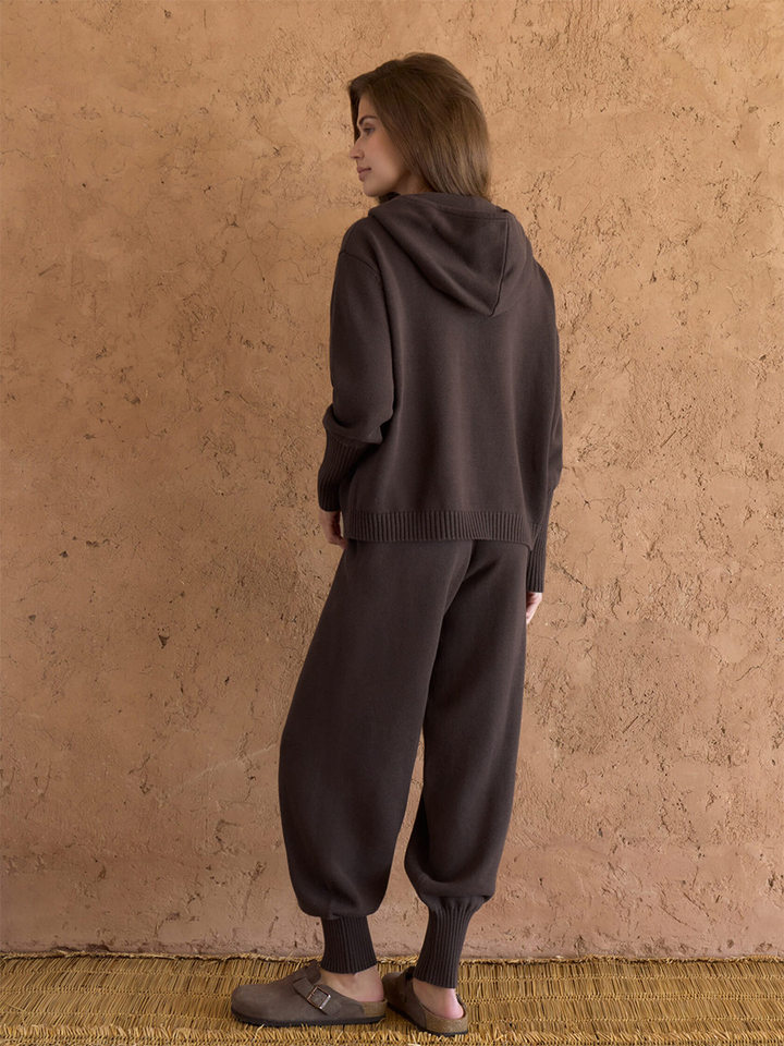 Bộ áo cardigan dệt kim có mũ khóa kéo dáng rộng kèm quần ống ôm cotton — Màu cà phê, Màu trắng, Màu xanh dương, Xanh lá cây