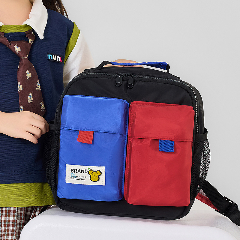 Jardín de infantes, mochila de niños de clase media y pequeña, caricatura, oso, color contrastante, empalme, mochila para niños, nueva mochila para niños