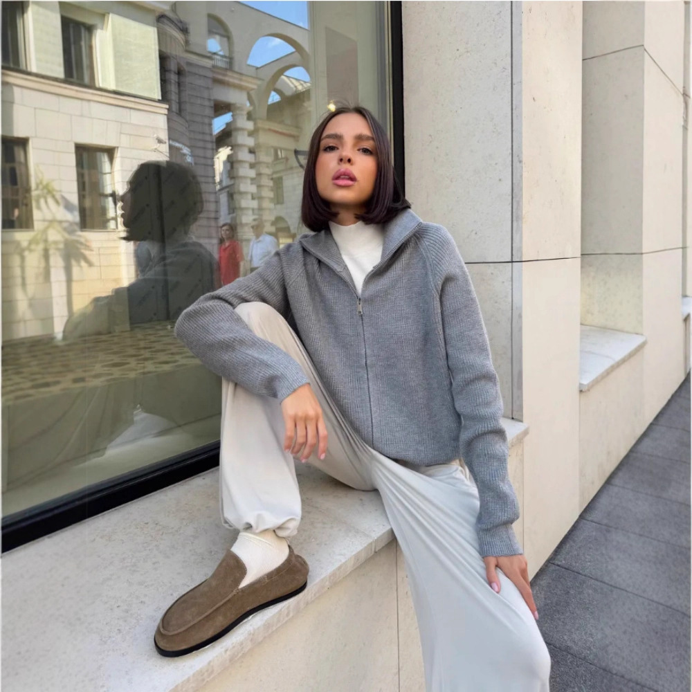 Cross-Border Korean Style Lazy High-End Zipper Sweater Cardigan Jacket for Women Autumn and Winter New Loose Soft Waxy Knitted Top