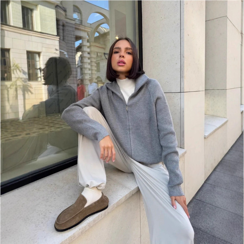 Cross-Border Korean Style Lazy High-End Zipper Sweater Cardigan Jacket for Women Autumn and Winter New Loose Soft Waxy Knitted Top Cross-Border Korean Style Lazy High-End Zipper Sweater Cardigan Jacket for Women Autumn and Winter New Loose Soft Waxy Knitted Top
