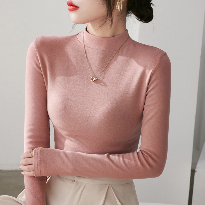 Half Turtleneck Bottoming Shirt for Women, 2025 Autumn and Winter Mid-Collar Long-Sleeved Shirt, Slim Cotton Small Stand-Up Collar, Western Style Top