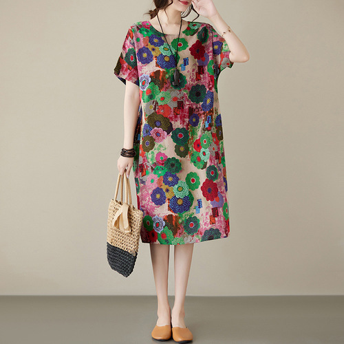 Floral Summer New Cotton Linen Retro Plus Size Loose Mother Slimming Dress Short Sleeve Dress Elegant