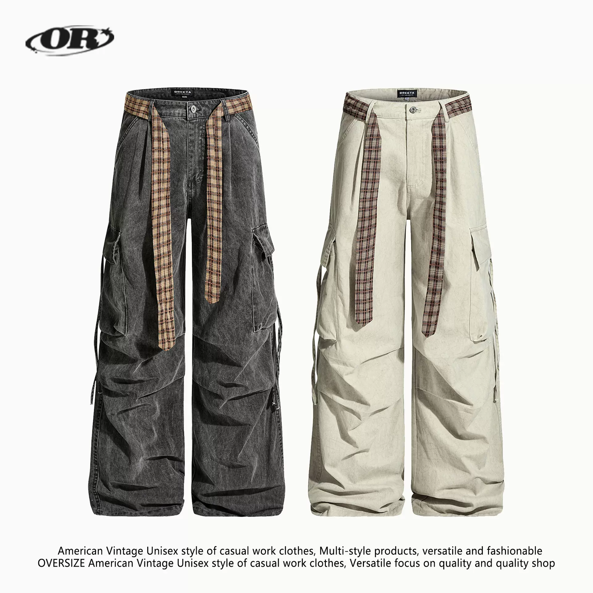 OREETA美式复古配格纹腰带工装裤男女款多口袋褶皱宽松阔腿休闲裤