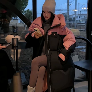 显瘦撞色拼接棉服女长款过膝面包服韩版加厚连帽棉衣宽松大码