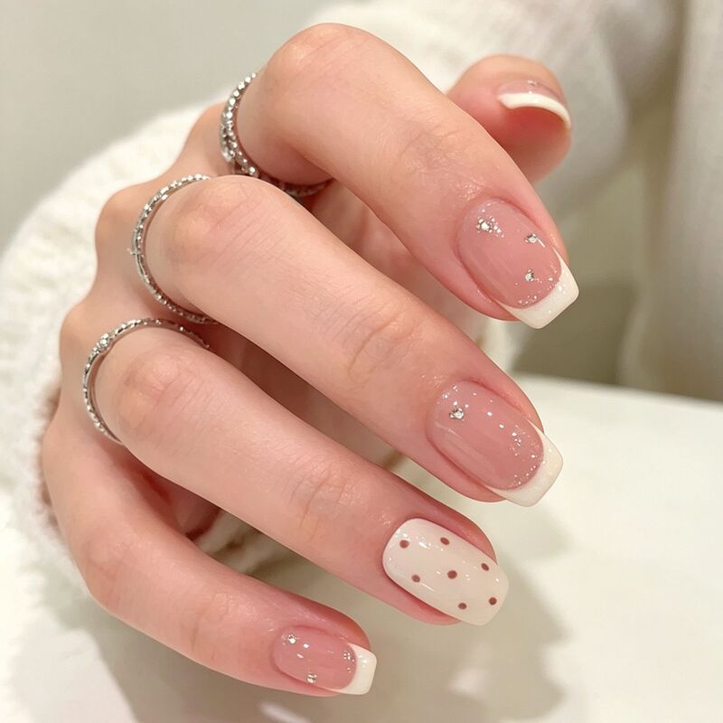 Hot-selling handmade nail art, minimalist style, polka dot French design with sparkling rhinestones, square-shaped short press-on nails, wholesale