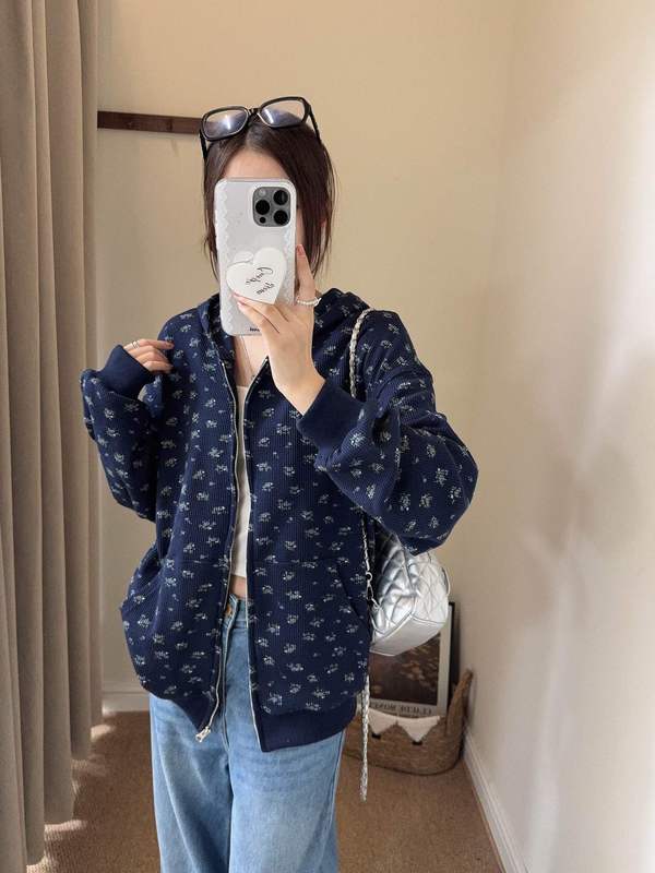 林娜琏同款定制华夫格碎花连帽外套女秋季新款宽松百搭休闲上衣|undefined