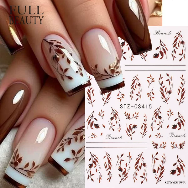New cross-border nail art stickers in vintage brown tones with autumn-themed plant vines and leaves, adhesive nail stickers wholesale