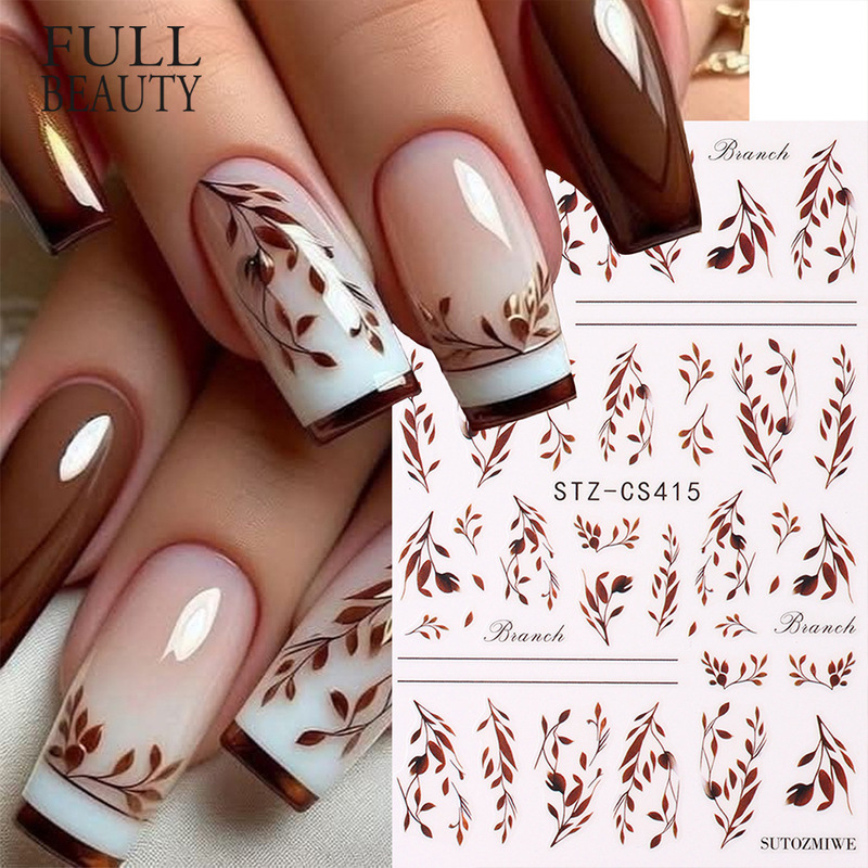 New cross-border nail art stickers in vintage brown tones with autumn-themed plant vines and leaves, adhesive nail stickers wholesale New cross-border nail art stickers in vintage brown tones with autumn-themed plant vines and leaves, adhesive nail stickers wholesale