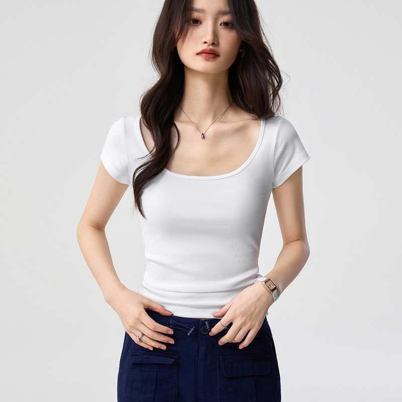 40-Count Combed Pure Cotton Large U-Neck Gentle and Alluring Short-Sleeve T-Shirt for Women, Summer Slim-Fit Top That Shows Off the Collarbone 40-Count Combed Pure Cotton Large U-Neck Gentle and Alluring Short-Sleeve T-Shirt for Women, Summer Slim-Fit Top That Shows Off the Collarbone