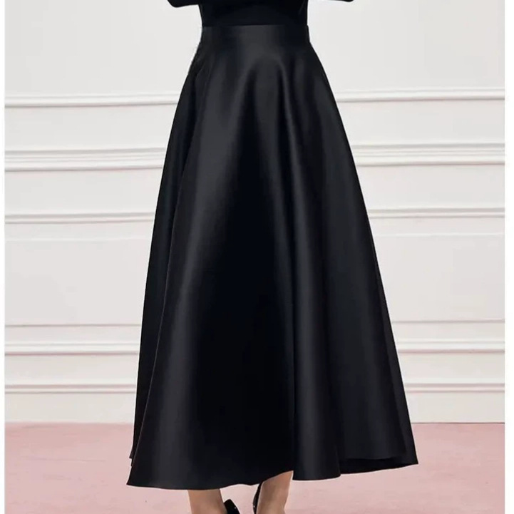 Hepburn-style satin acetate umbrella skirt for women, spring and autumn, elegant for commuting, long flared skirt, tulip skirt, A-line long skirt Hepburn-style satin acetate umbrella skirt for women, spring and autumn, elegant for commuting, long flared skirt, tulip skirt, A-line long skirt