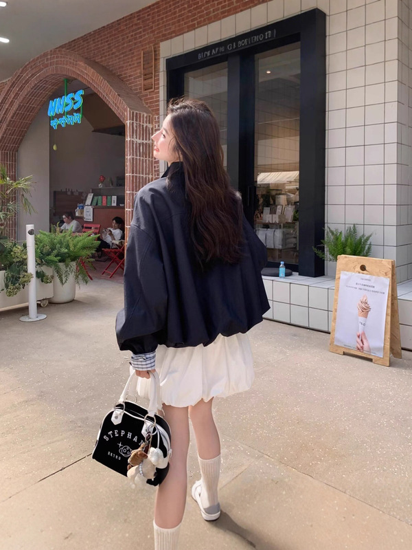 美式跨境复古格纹拼接假两件棒球服外套女春季高级感宽松工装夹克|undefined