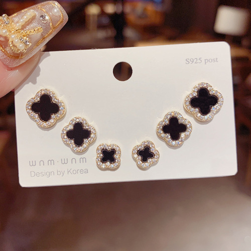 S925 silver needle micro-paved four-leaf flower three-piece set of earrings, one card, three pairs, micro-paved zircon black earrings for women