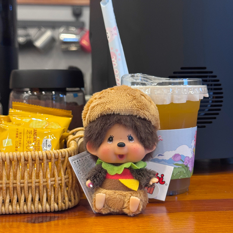 New Style Hamburger Monchhichi Plush Doll Pendant, Cute Cartoon Toy Keychain, Trendy Toy Pendant for Claw Machines
